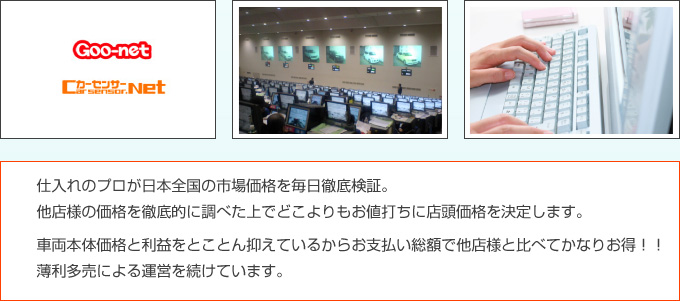 仕入れのプロが日本全国の市場価格を毎日徹底検証。他店様の価格を徹底的に調べた上でどこよりもお値打ちに店頭価格を決定します。車両本体価格と利益をとことん抑えているからお支払い総額で他店様と比べてかなりお得！！薄利多売による運営を続けています。