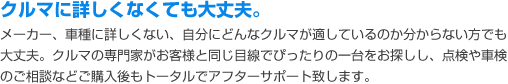 クルマに詳しくなくても大丈夫。クルマの専門家がお客様と同じ目線でぴったりの一台をお探しし、点検や車検のご相談などご購入後もトータルでアフターサポート致します。